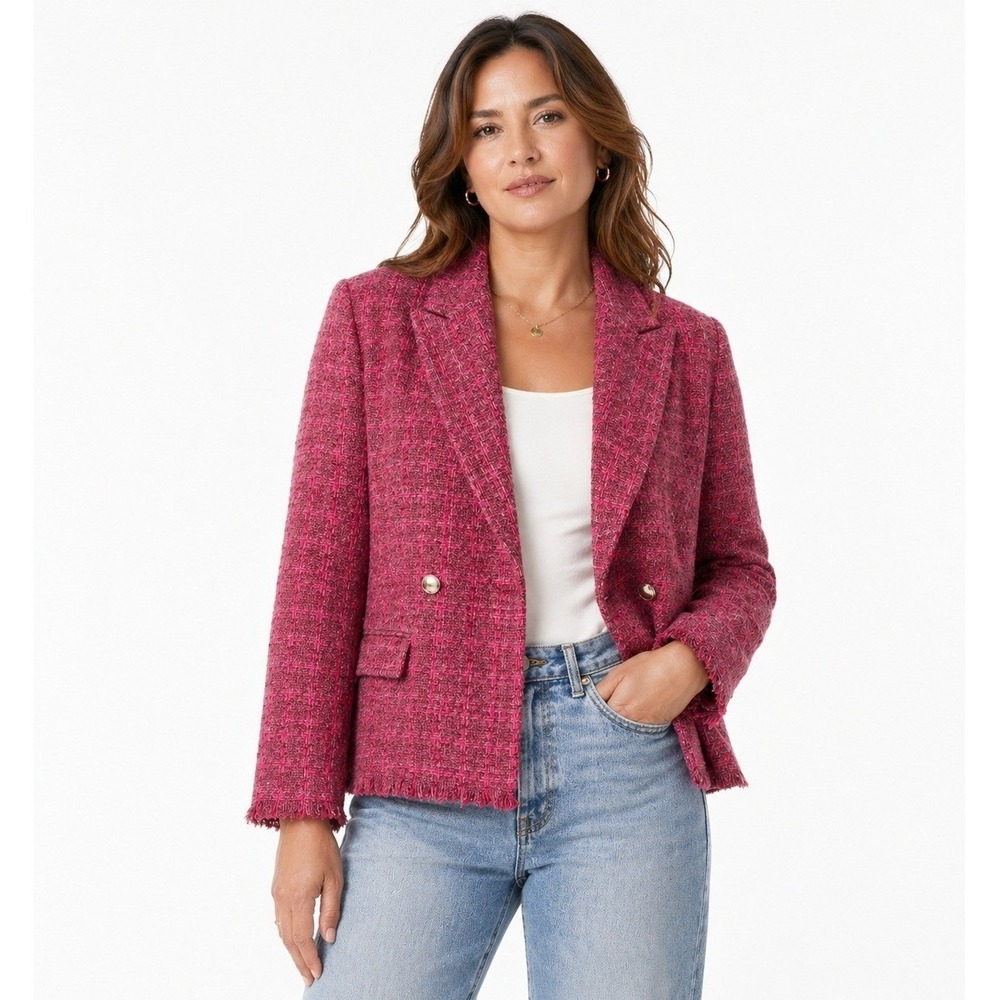 MNG Woman Pink Tweed Double-Breasted Blazer Jacket Frayed Hem Size XL